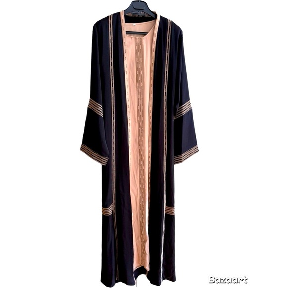 Black and Beige Long Robe with Embroidered Details